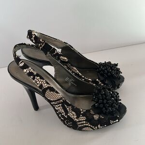 LULU TOWNSEND Black Lace and Embellished Peep-Toe Women's Stiletto Heels